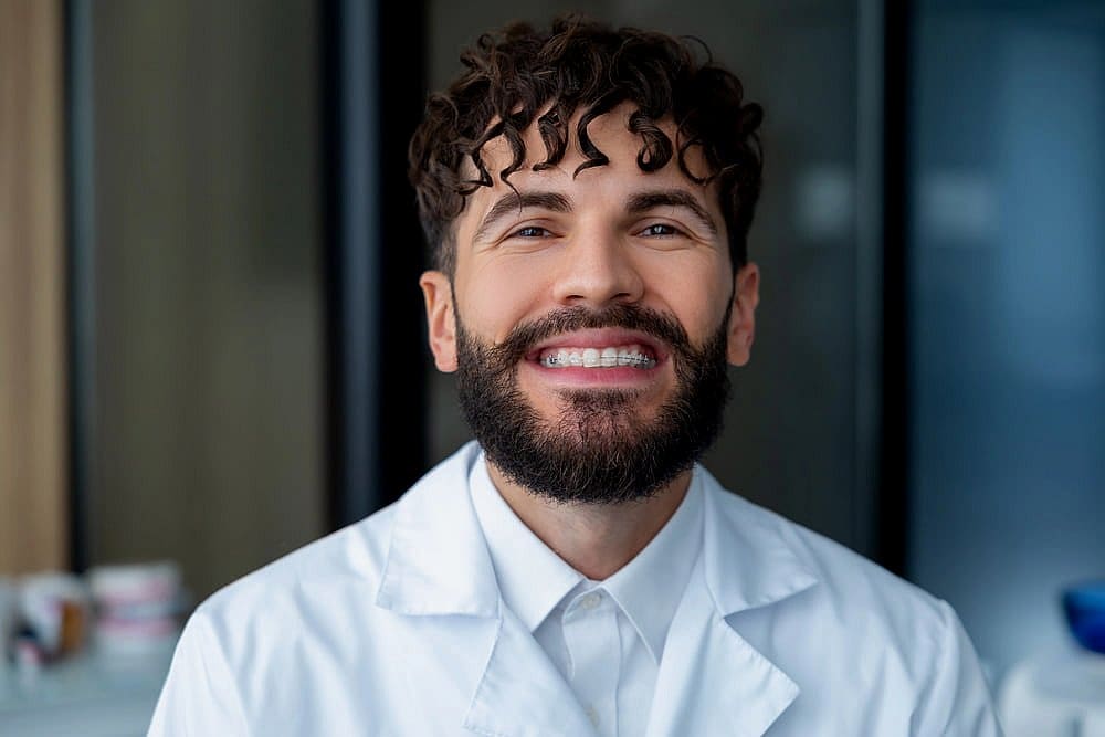 A person with curly hair and a beard, wearing a white lab coat, smiles confidently at the camera, revealing their clear braces in San Antonio, TX