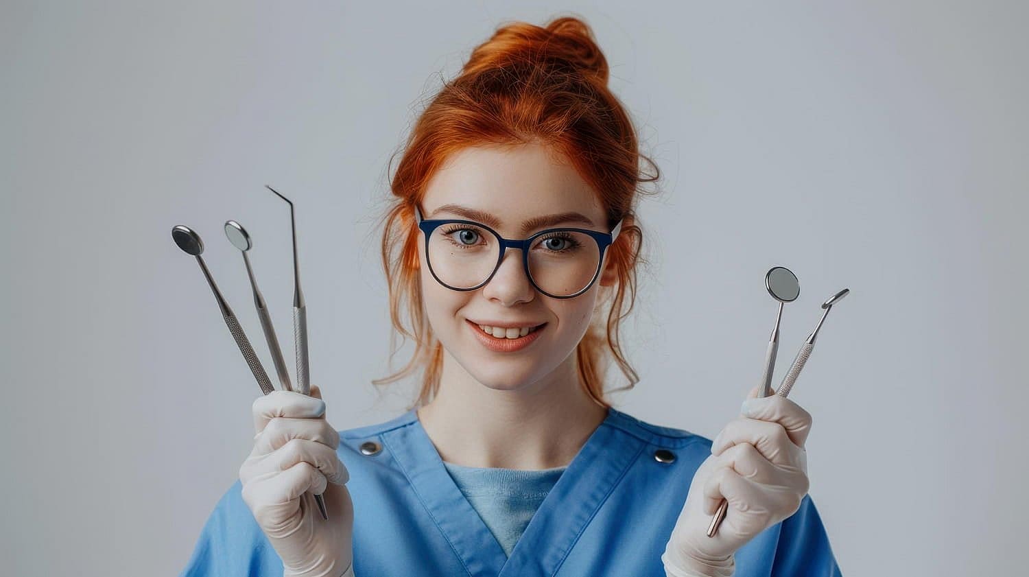 A person in blue scrubs and gloves, likely familiar with orthodontic insurance plans, holds dental tools in both hands, standing against a neutral background in San Antonio, TX