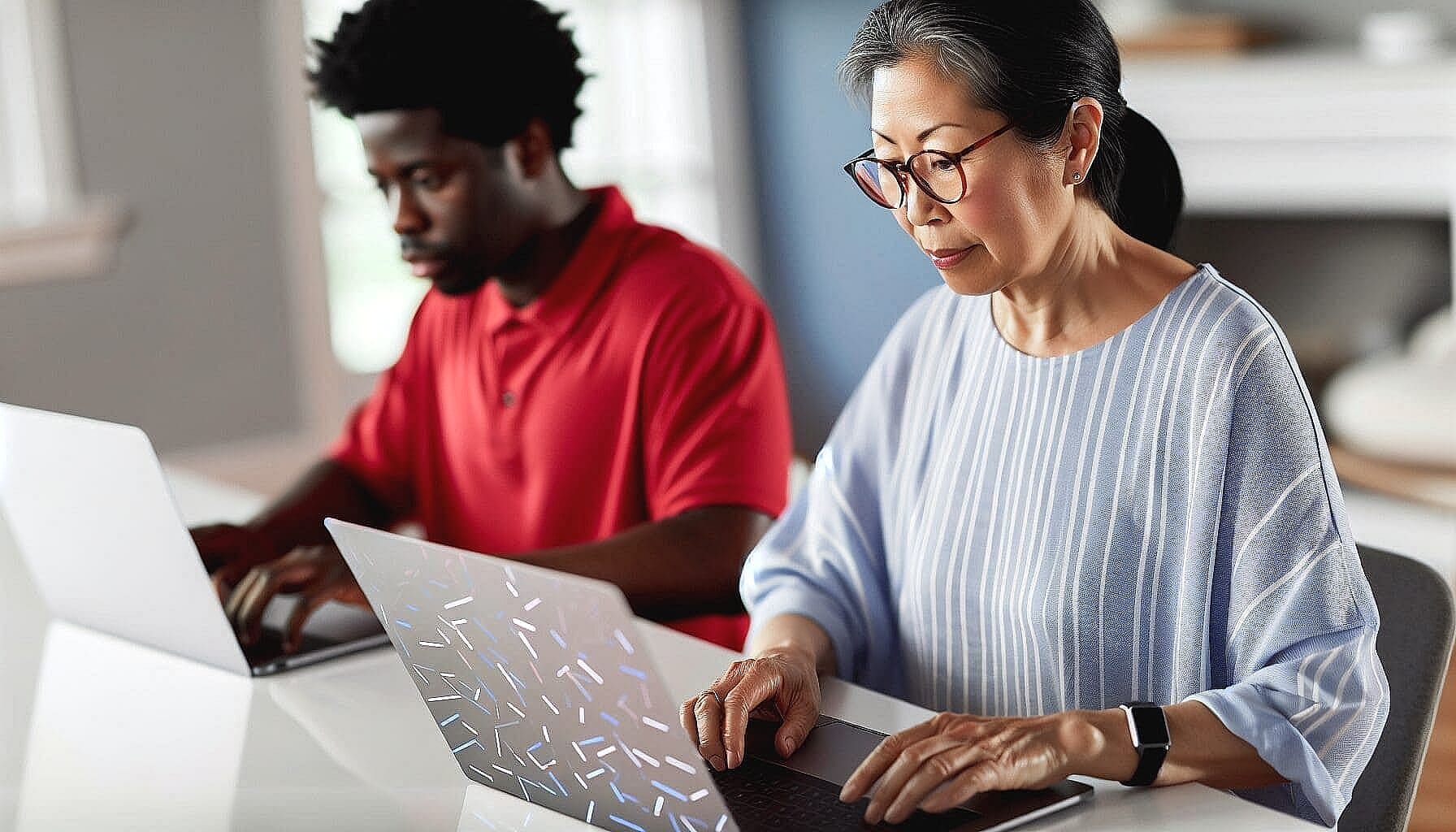 Two people are working on laptops at a table, both focused intensely on their screens. One wears a red shirt, while the other sports a striped shirt and glasses with affordable braces tucked behind confident smiles in San Antonio, TX